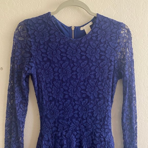 H&M Womens Mini Dress Lace Long Sleeve Floral Size 4 Spring Cobalt Blue Feminine - Picture 2 of 11